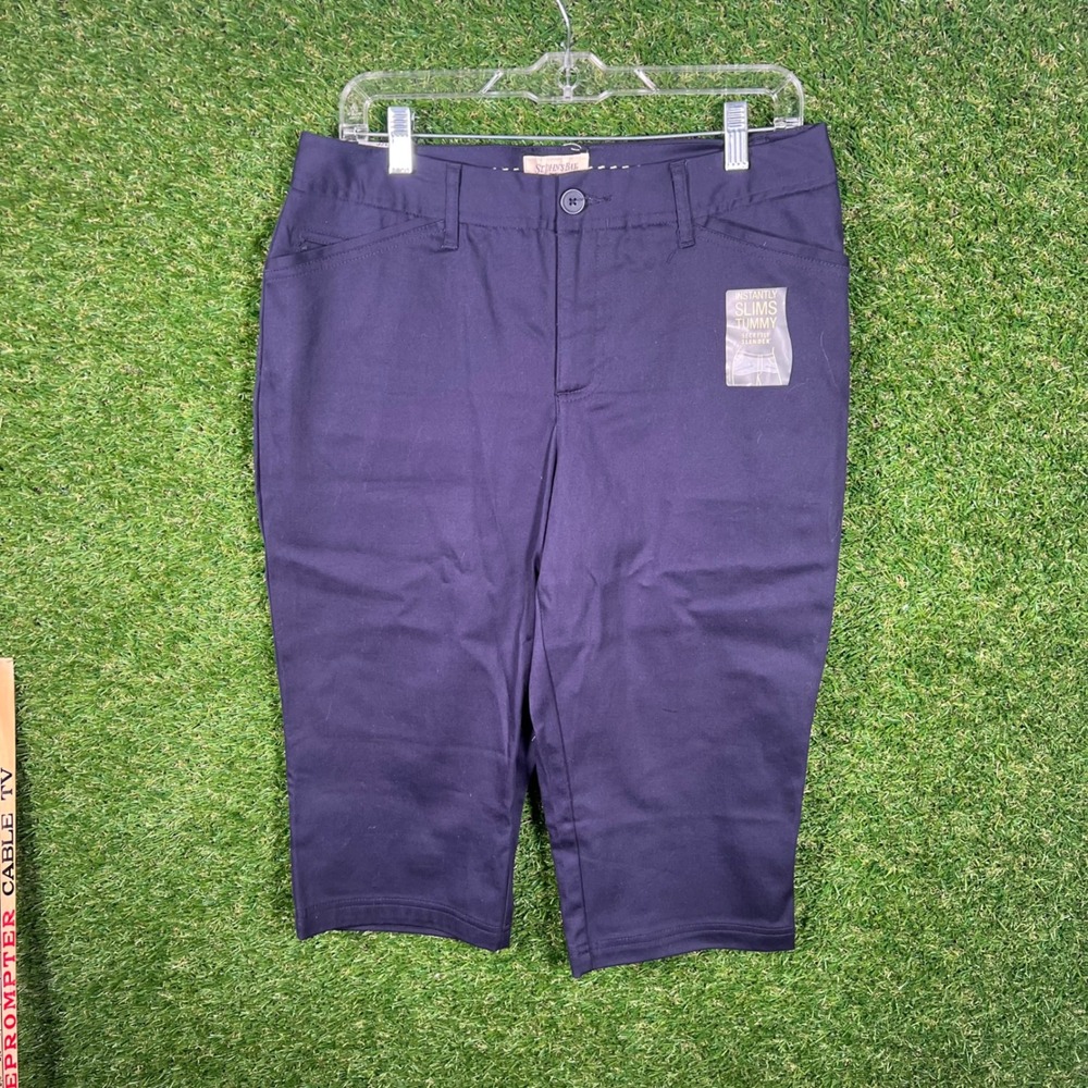 St Johns Bay Secretly Slender Capri Pants Womens 12P Navy Tummy Control NWT